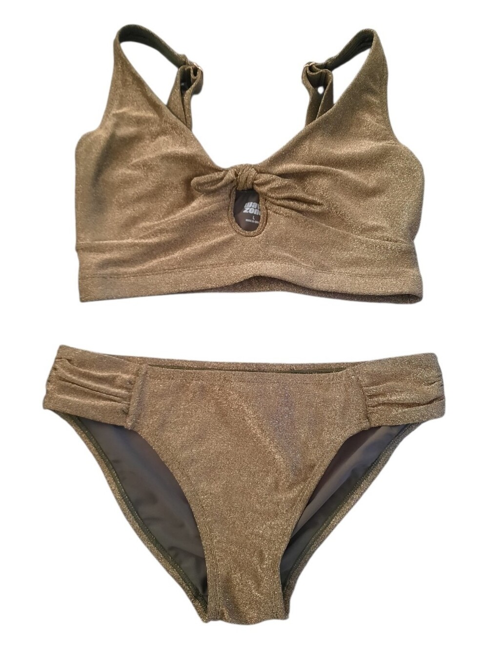 Wave Zone Gold Metallic Shimmer Bikini Top Ruched Bottom Set Size Large